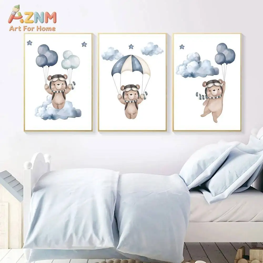 AZNM Watercolor Aviator Bear Canvas Wall Art Cute Pilot Bear Airplane Balloon Parachute Hot Air Balloon Cloud Blue Tone Cartoon