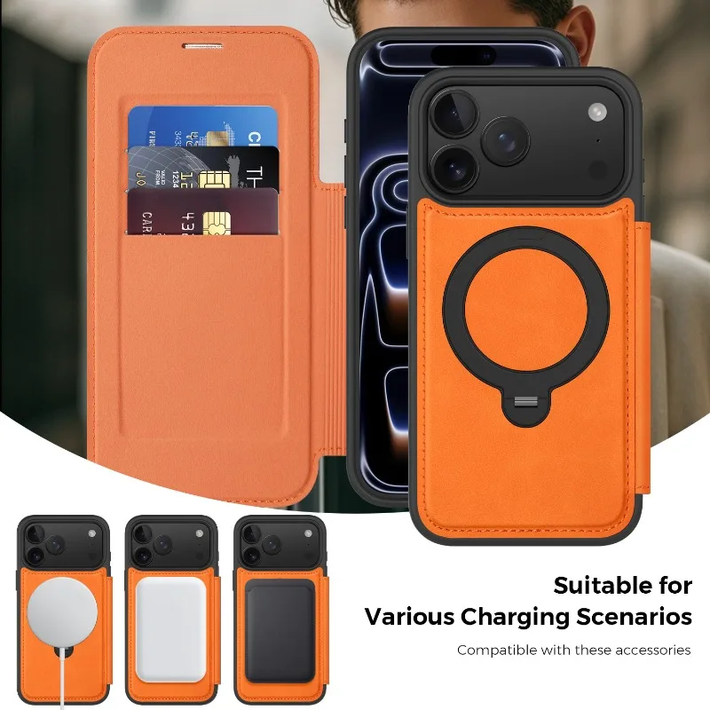 Etui z funkcją bezprzewodowego ładowania, z klapką, skórzane, z przegródkami na karty i podstawką, do iPhone 17 Air, 17 Pro Max, 16 Plus, 15 Pro Max, 14 Pro, 13, 12. — zdjęcie produktu 4