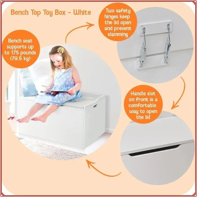 مقعد تخزين ألعاب آمن للأطفال خشبي - أبيض مع مفصلات أمان ومقابض لتنظيم غرفة اللعب #3