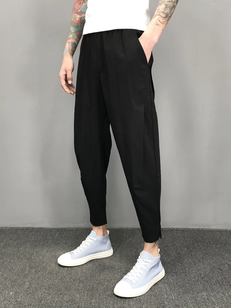 

Men's Casual Ice Silk Harlan Thin Sle Small Footed Pants Summer Pure Bla Nine Point Low Waist Slim Fit Youth Active Sle