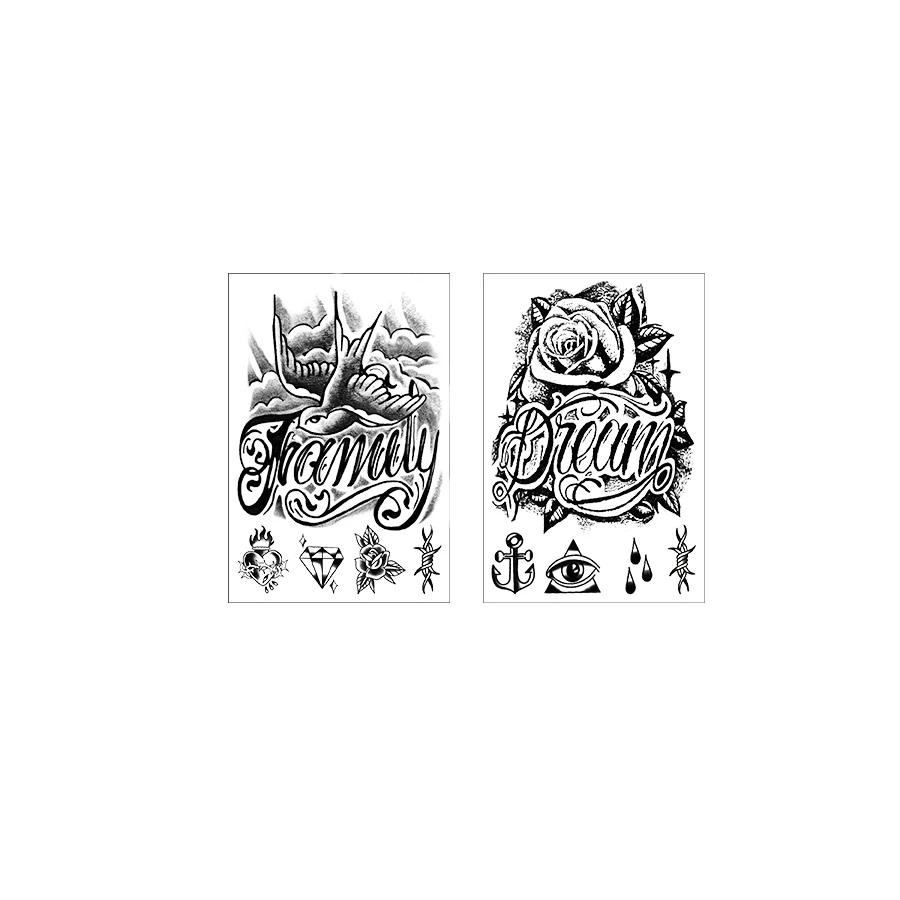 Wasserfestes Design Semi-Permanente Tattoos, Retro-Graffiti-Stil Tattoo - "Familie & Traum" Rosen- und Weißtaubenmuster - Modisches englisches Tattoo für Männer - Temporäres Tattoo für Nacken, Hand