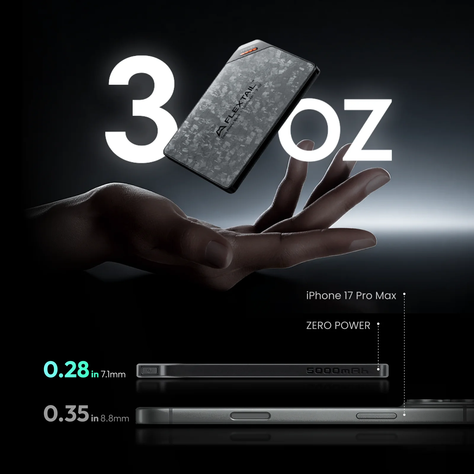 FLEXTAIL ZERO POWER - Power Bank 5000mAh, Forged Carbon Fiber Shell, Dual USB-C Port, Fast Charging Spare Battery for iPhone 17 view 2