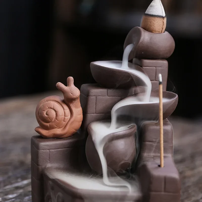 1pc Purple Clay Cute Snail Waterfall Backflow Incense Burner Zen Meditation Feng Shui Home Decoration Portable Incense Censer view 3