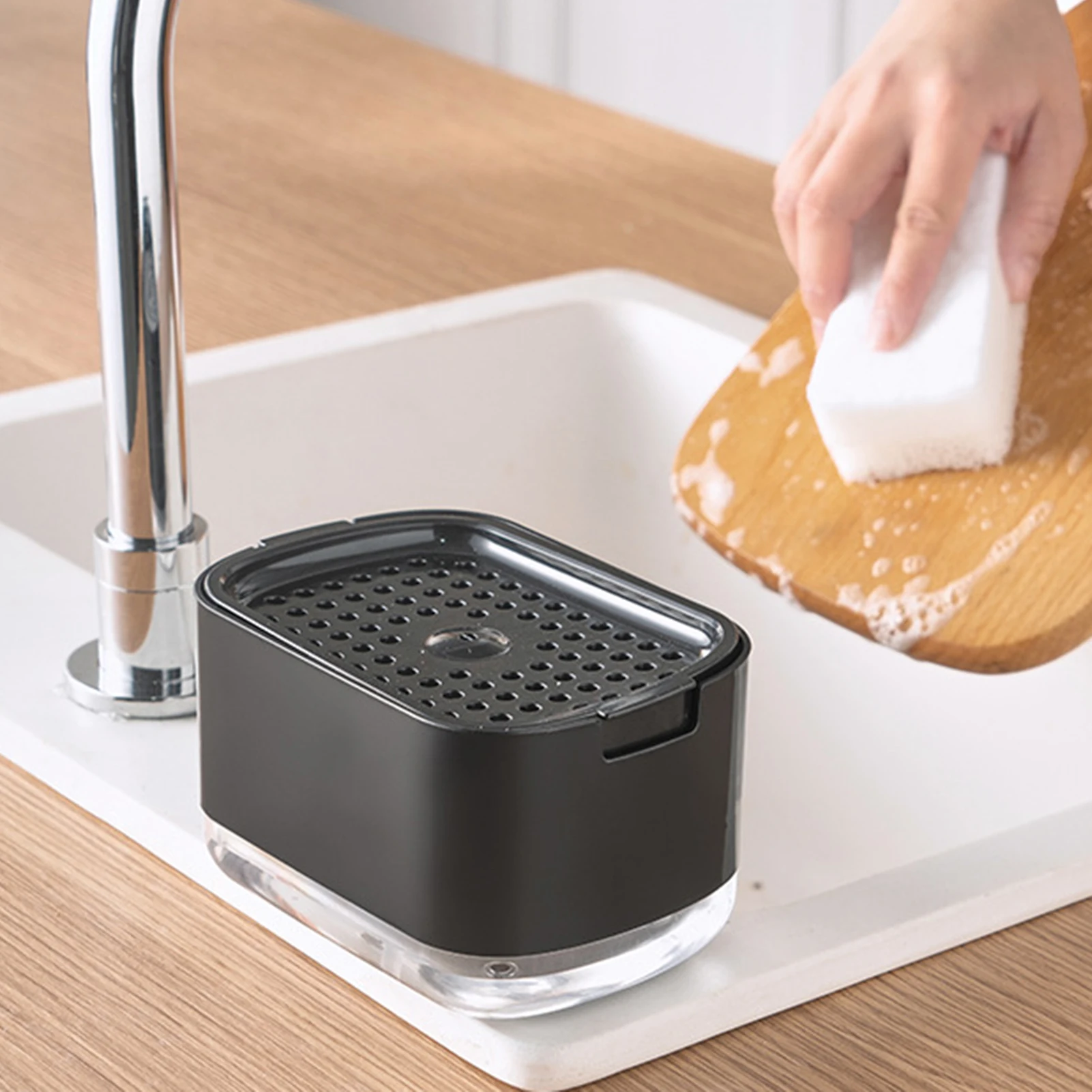 One-Hand Press Soap Dispenser Efficient for Kitchen Sink Dish Soap Holder with Sponge Tray PP PS Manual Pump Organizer