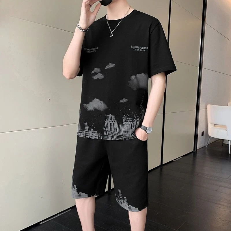 

Male T Shirt Short Sets Print Men's Shorts Set Black Graphic Trendy Two Piece Two-piece Cheap Clothes Quarter Sleeve 2025 Trend