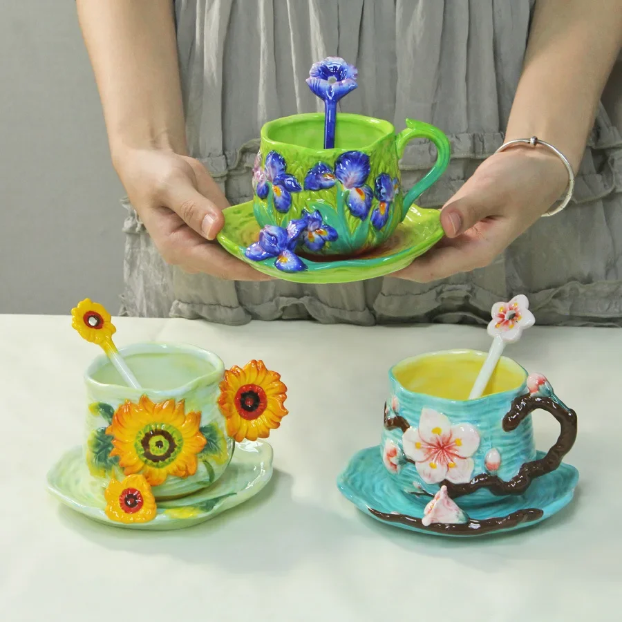 Hand Painted Oil Painting Style Ceramic Coffee Cup Set, 3D Floral  Tea Cup with Saucer & Spoon, Starry Sky Pattern,Unique Gift