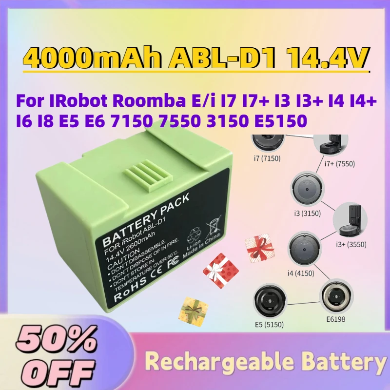 

In Stock 4000mAh ABL-D1 14.4V Battery Replacement for IRobot Roomba E/i I7 I7+ I3 I3+ I4 I4+ I6 I8 E5 E6 7150 7550 3150 E5150