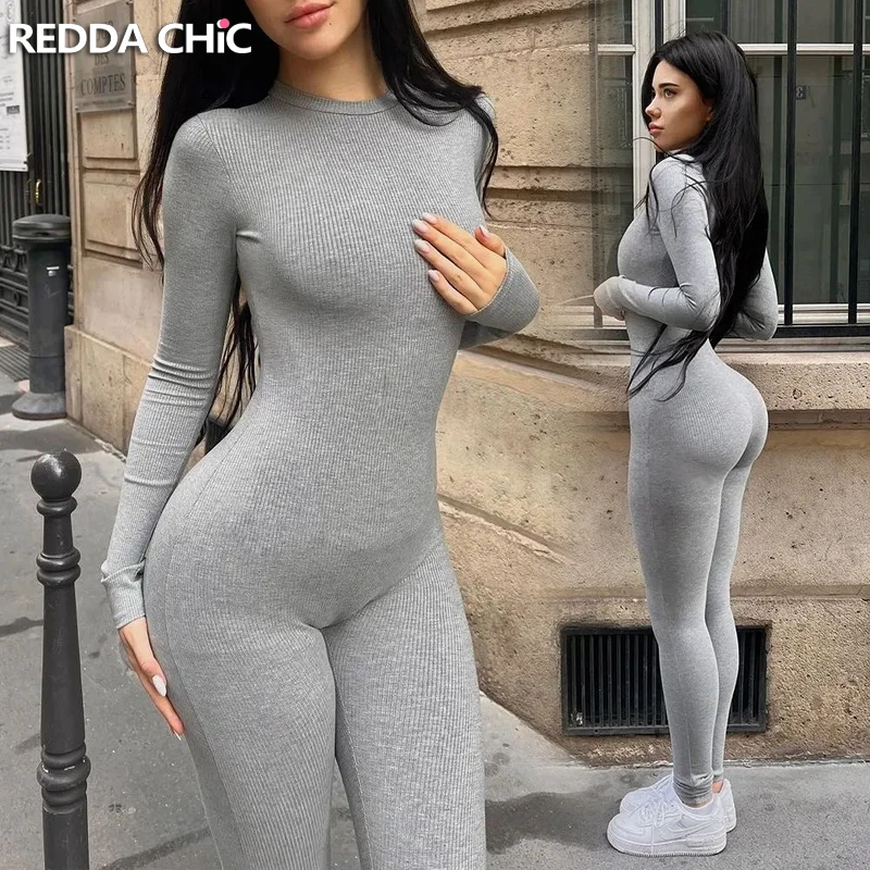 REDDACHiC Casual Long Sleeves Jumpsuit Women Zip-up Sexy Fitted High Stretch Rib Knit Overalls Fitness Yoga One-piece Bodysuit