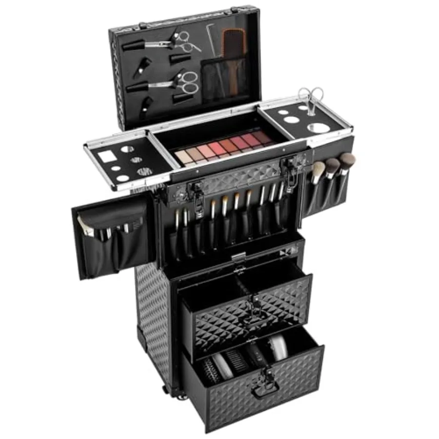 

4-Trays Rolling Makeup Train Case for Professional Cosmetology Use, ABS Plastic, Black, Sorted Storage 4 Universal Wheels