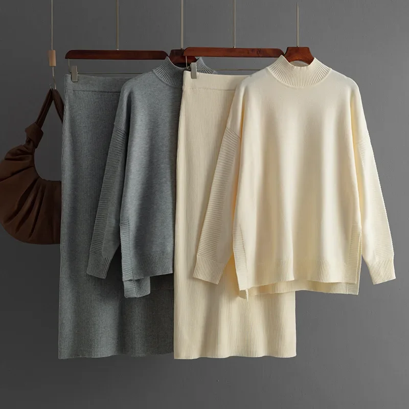 

Women Half Turtleneck Knit Sweater Pullover Tops Conjuntos Casual Slim Straight Skirts Suits Fall Winter Knitted 2 Piece Sets