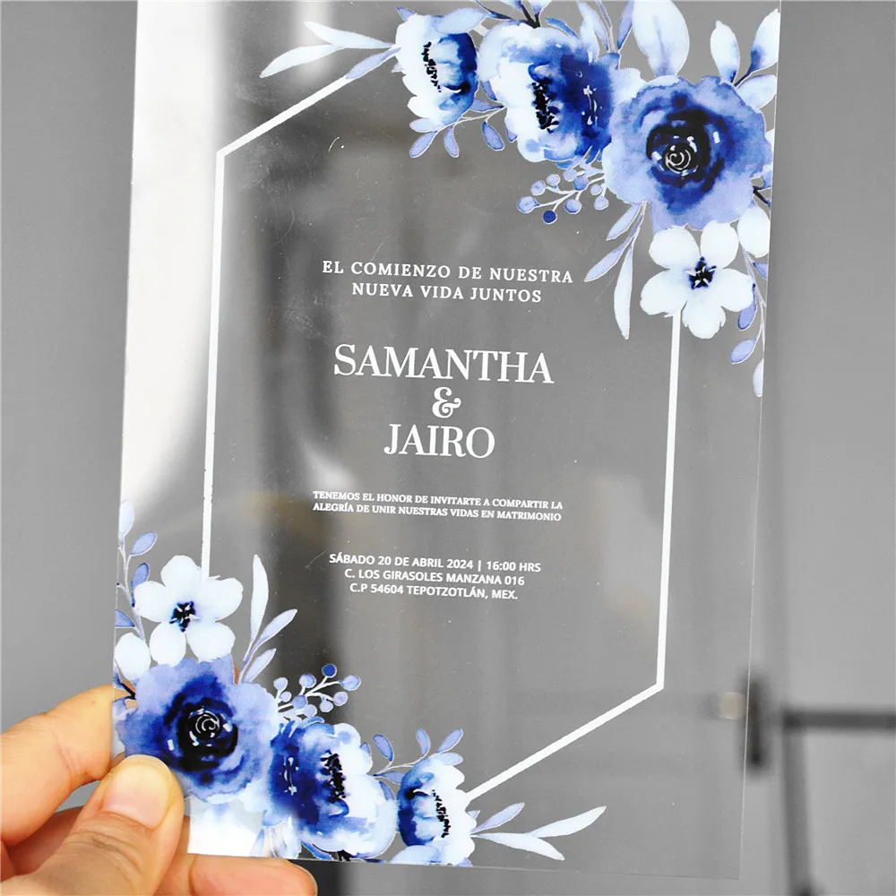 Tarjeta de invitación de boda de PVC transparente con flor azul real, impresa personalizada, personalizada, grosor de 0,5mm, 10 piezas