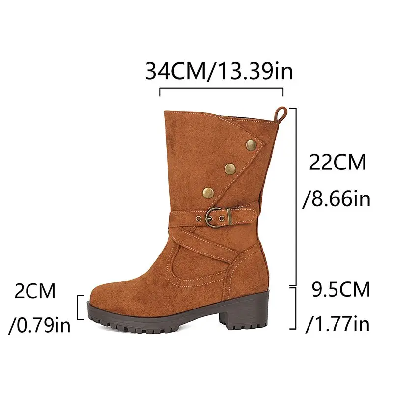 REAVE CAT Women Mid Calf Boots Round Toe 9.5cm Chunky Heel Flock Suede Slip On Belt Buckle Plus Size 43 44 45 Yellow Black Brown