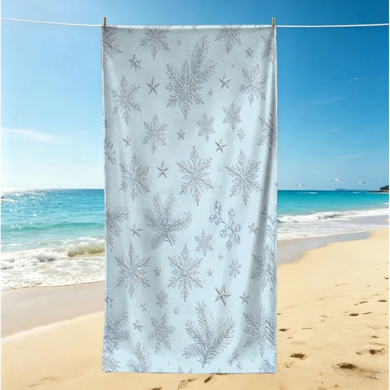 Christmas Microfiber Beach Towel,Multiple Sizes Available,Ultra-Soft,Portable,Silver-gray snowflakes stars pine Berry Print