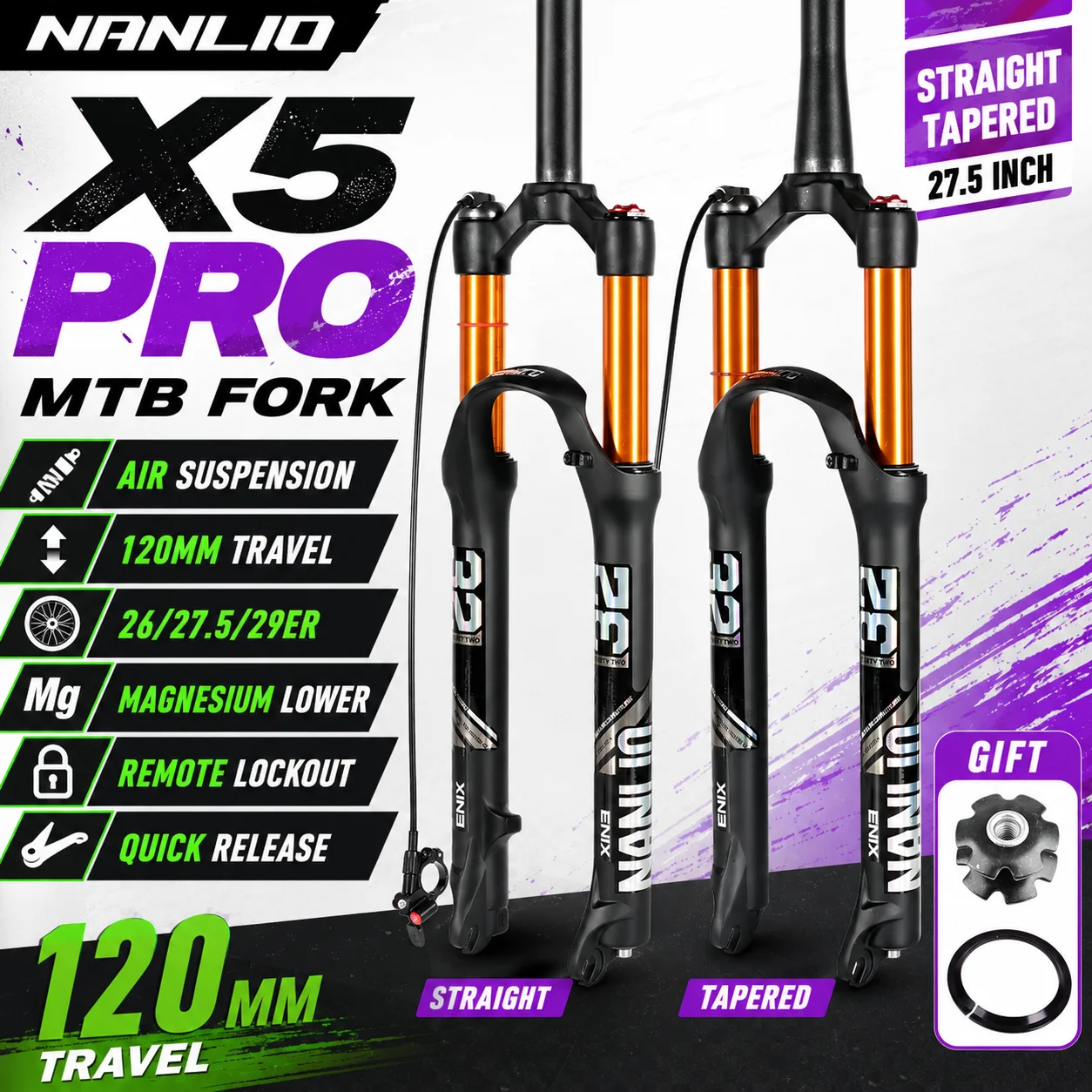 

NANLIO MTB Bike Fork Solo Air Bicycle Front Suspension 26/27.5/29inch Straight/Tapered Tube Lockout Magnesium Alloy QuickRelease