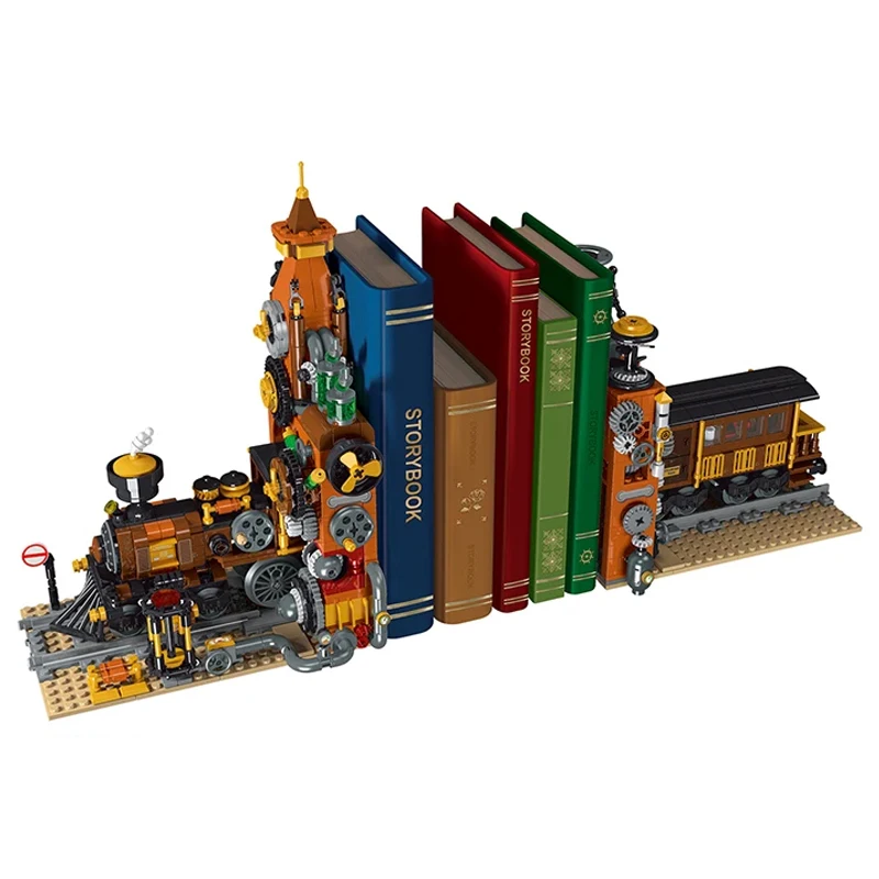 MOC 028005   Technische stad Steampunk trein boekensteun model met licht bouwstenen bakstenen montage speelgoed kerstcadeaus voor kinderen