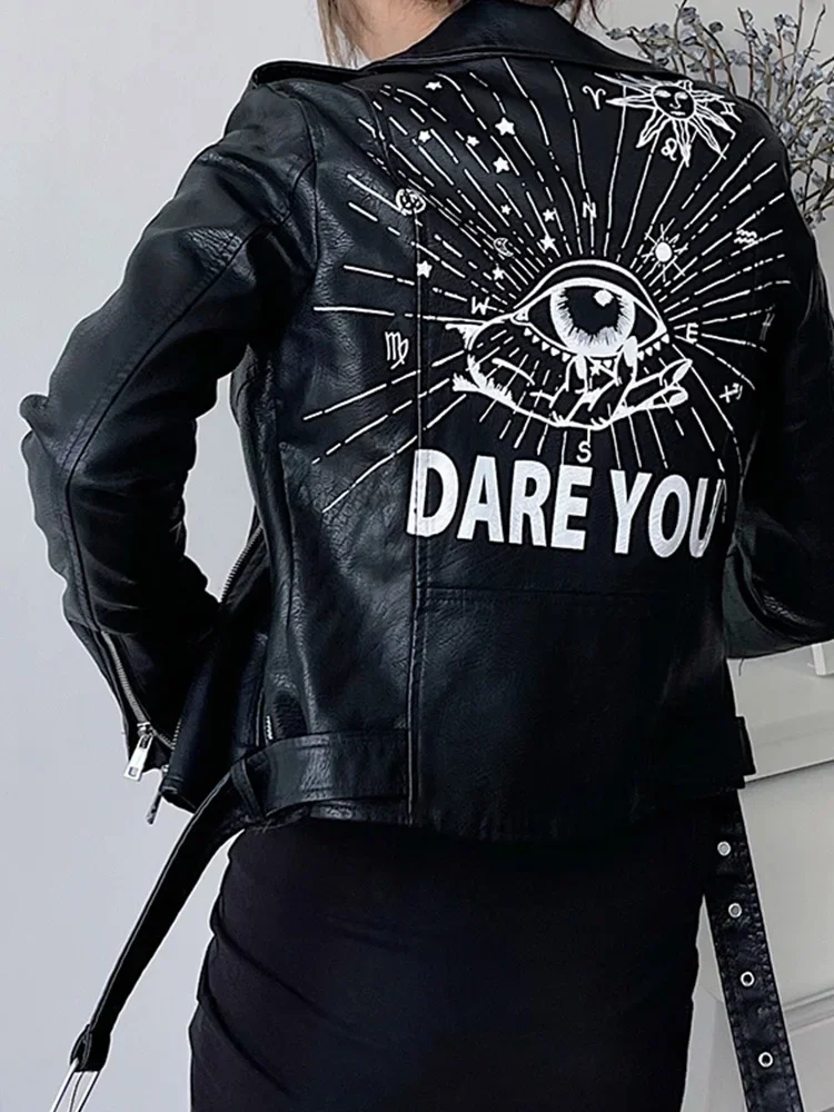 Women Vintage Graffiti Print Slim Pu Faux Leather Jacket Streetwear Female Moto Biker Zipper Belt Short Coat Outwear