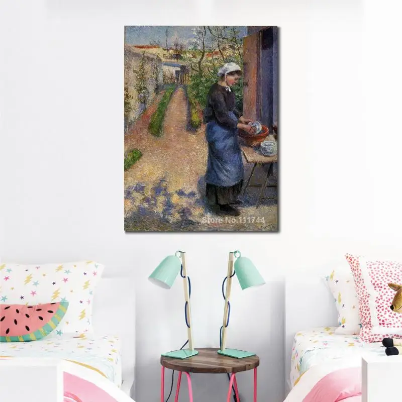 Famous Camille Pissarro Paintings Young Woman Washing Plates Canvas Art Reproduction High Quality Hand Painted