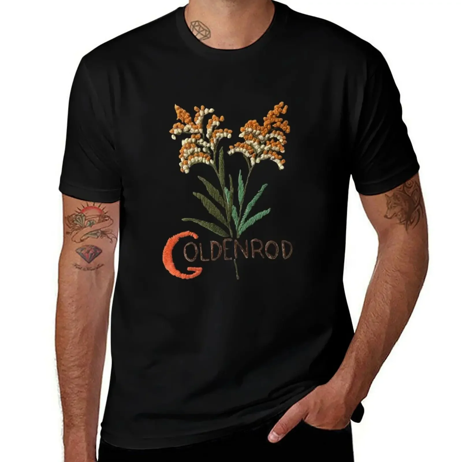 

Goldenrod Wildflower embroidery style Vintage Design Wildflower Embroidery T-Shirt basketball graphic tees men clothes