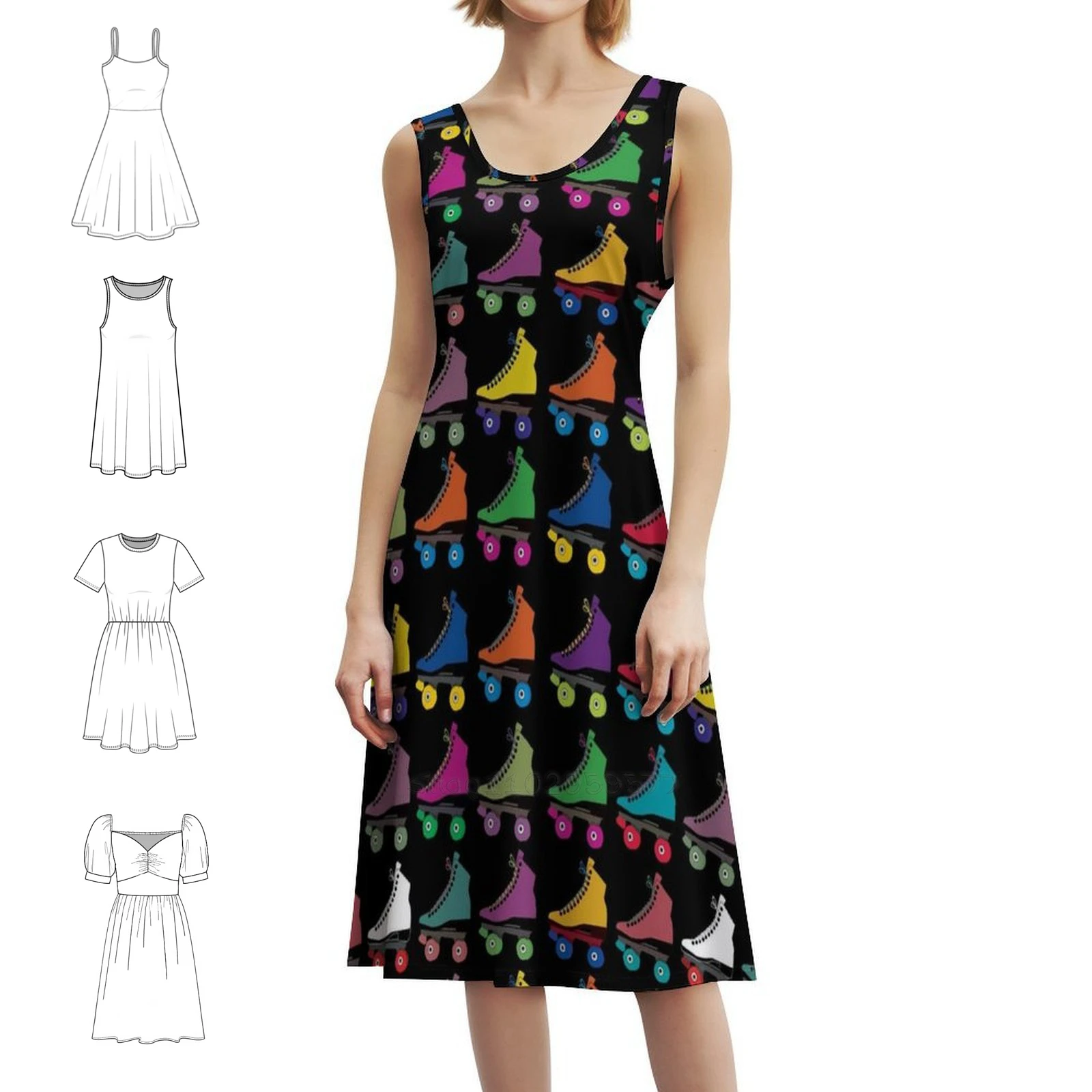 Multicolored Skate Women's Streetwear Party Dress Trendy Print Club Clothing For Female Skate Multicolour Pattern Wheels Roll