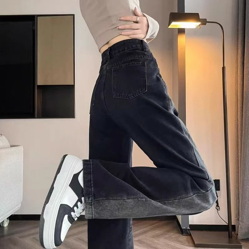 Y2k 2025 Czarny Szary Gradient Edge Denim Bell Bottoms Damskie Jesień 2024 Nowy Plus Size Wyszczuplające Proste Nogawki Długie Spodnie