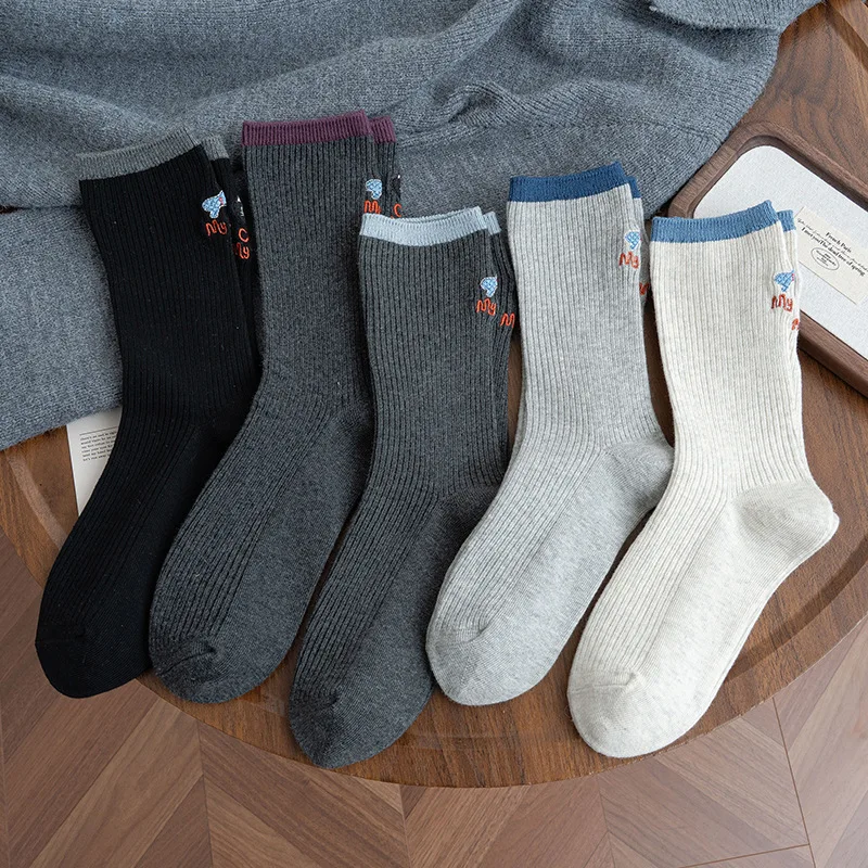 

3 пары женских носков средней длины с рисунком кота, модные простые весенне-осенние однотонные носки в корейском стиле
