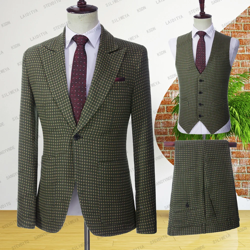 

2023 Men Dots Printed Green business Blazers Male slim fit pure cotton three-piece suit Man plaid groom dress Jackets+Vest+Pants