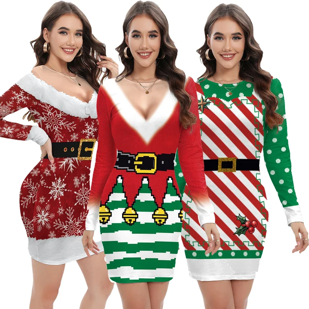 Christmas Elf Dress Sexy Women Santa Claus Cosplay Costume Xmas Girls Dress Sheath Candy Stripe Snowflake Print Carnival Gown