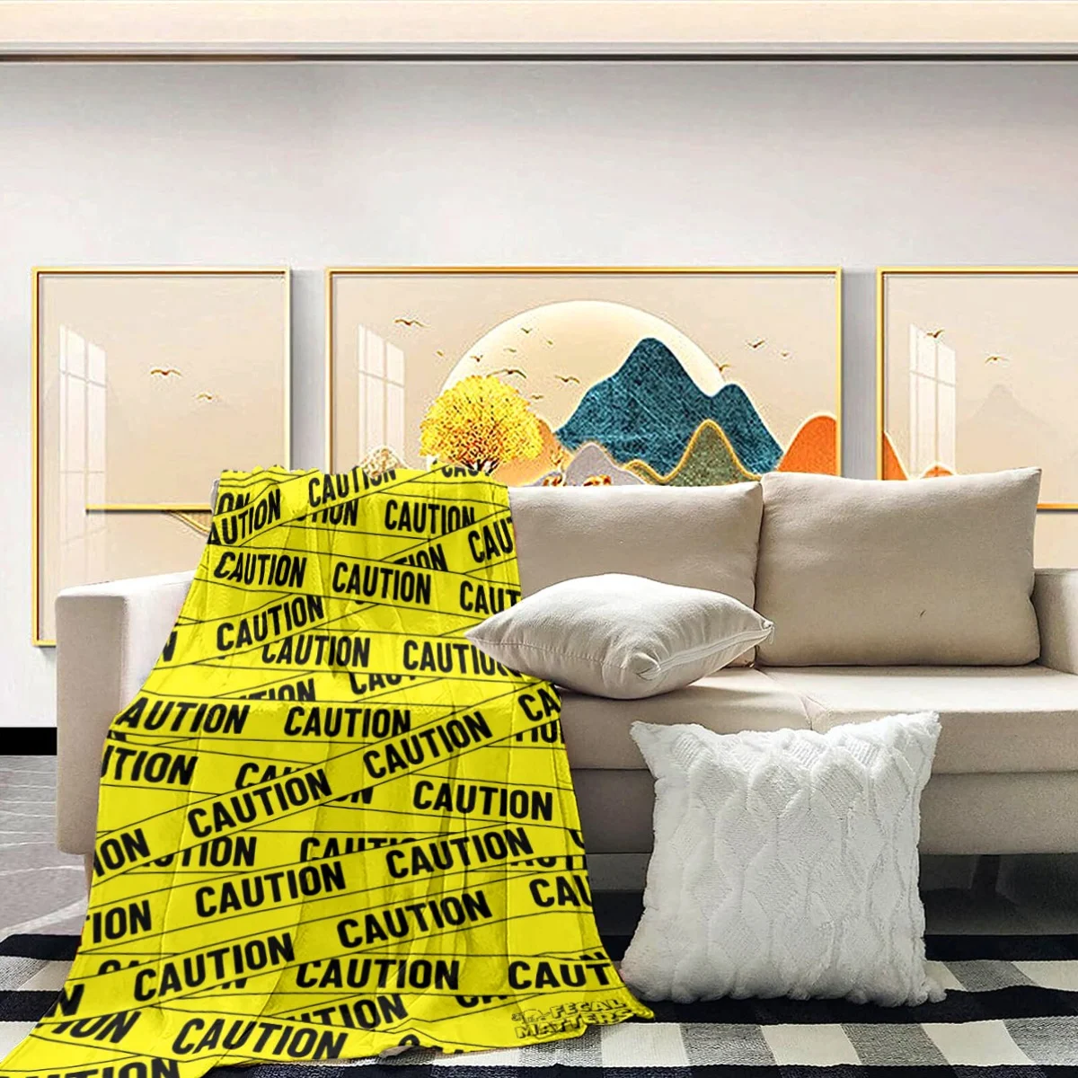 Funny Caution Tape Yellow Blanket Throw Fleece Bedding for Sofa Couch Decor 150x200cm Warning Sign Gift