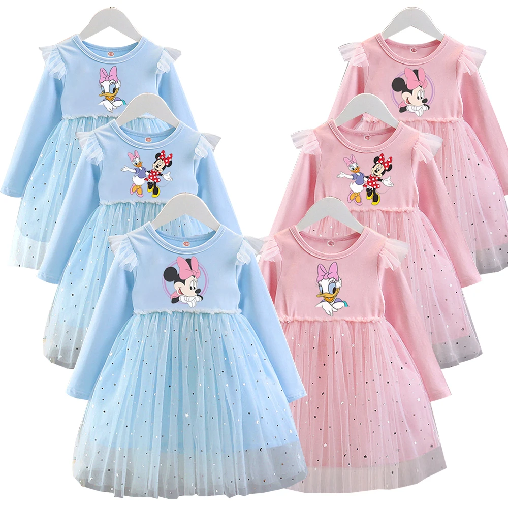 

Платье с принтом Диснея и Минни, летняя одежда для девочек, сетчатые платья с длинными рукавами, летняя детская одежда, цельное платье с рисунком Микки Мауса