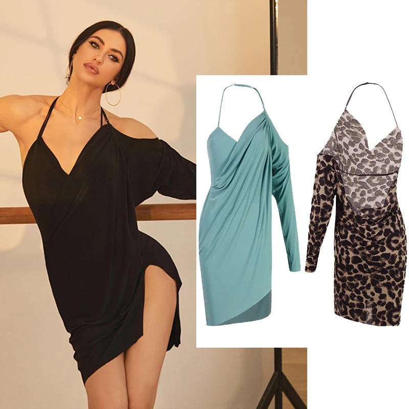 

Платье для латинских танцев ZYM с длинными рукавами, асимметричное черное платье для тренировок, костюм для румбы и танго, платье для соревнований для взрослых DNV26595