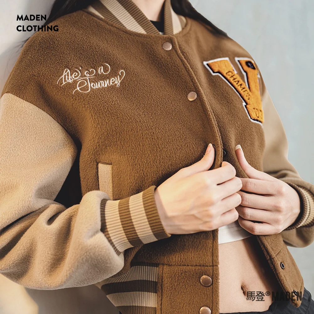 Maden Vintage Collegiate Baseball Jacket with Letter Embroidery Woolen Thicker Short Versatile Coat for Women's Fall and Winter