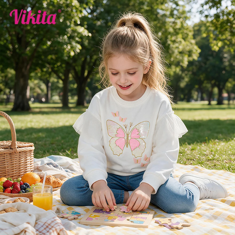 VIKITA Girls Cotton Casual Sports Sweatshirt Kids Butterfly Sequined Appliqued Flare Sleeve Cartoon Outerwear Children Clothing