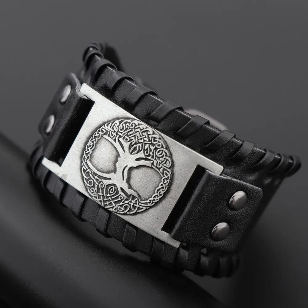 Novo Design de Pulseira Nórdica Viking Odin Yggdrasil para Homens, Pulseira de Couro Larga Trançada, Bracelete Ajustável, Joias Punk