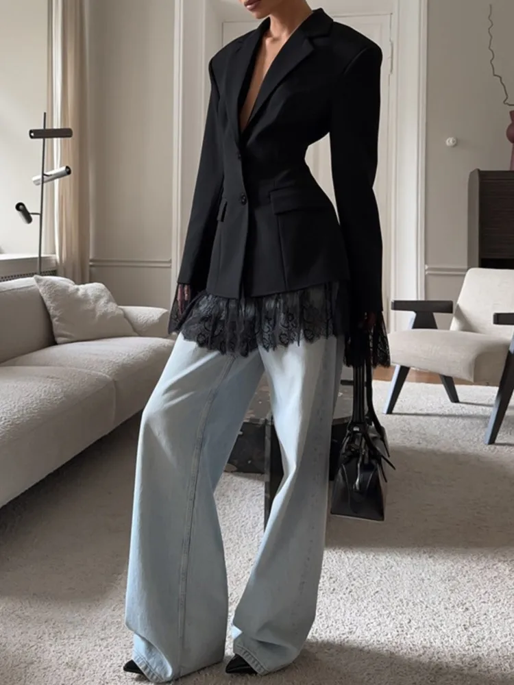 Elegante Kanten Blazer Jas Damesmode Kantoor Dame Volledige Mouw Single Breasted Jassen 2025, Nieuwe Herfst Zwart Casual Slanke Jassen