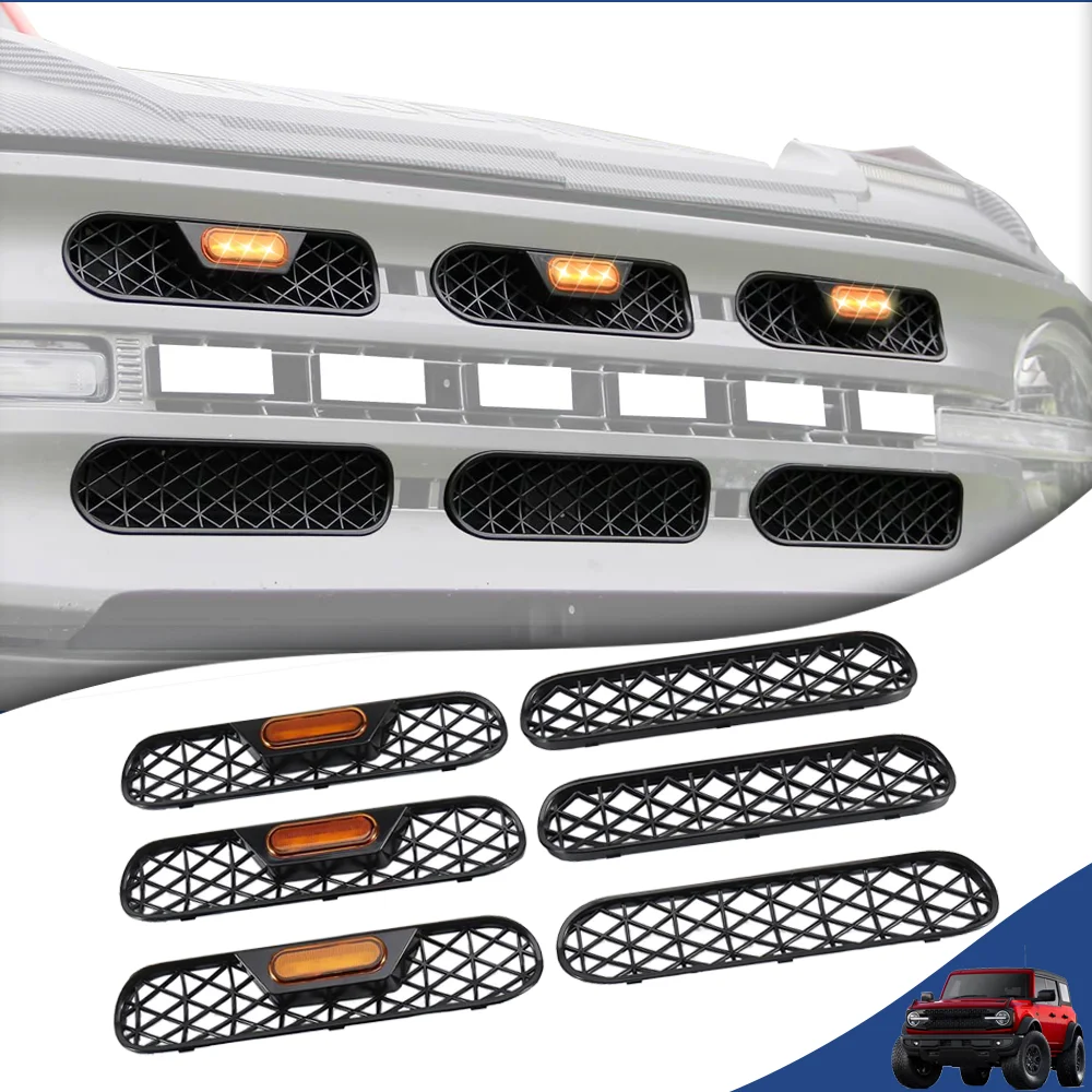 

Car Front Insert Honeycomb Grille Cover with LED Grills Lights Decoration for Ford Bronco 2/4 Doors 2021+ Exterior Accessories