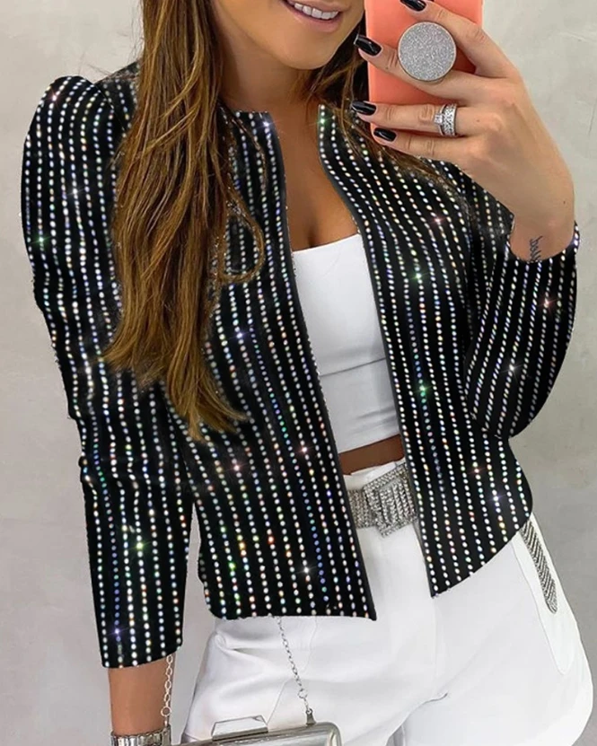 Women's Jacket 2023 Autumn Fashion Studded Striped Long Sleeve Casual Round Neck Open Front Crop Coat Streetwear Woman Clothing