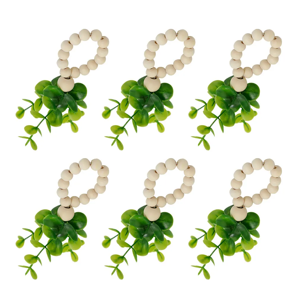 

6 pcs Napkin Rings Wooden Bead Rustic Leaf Plastic Eucalyptus Buckle Dinner Party Wedding Banquet Ornament Table Decor