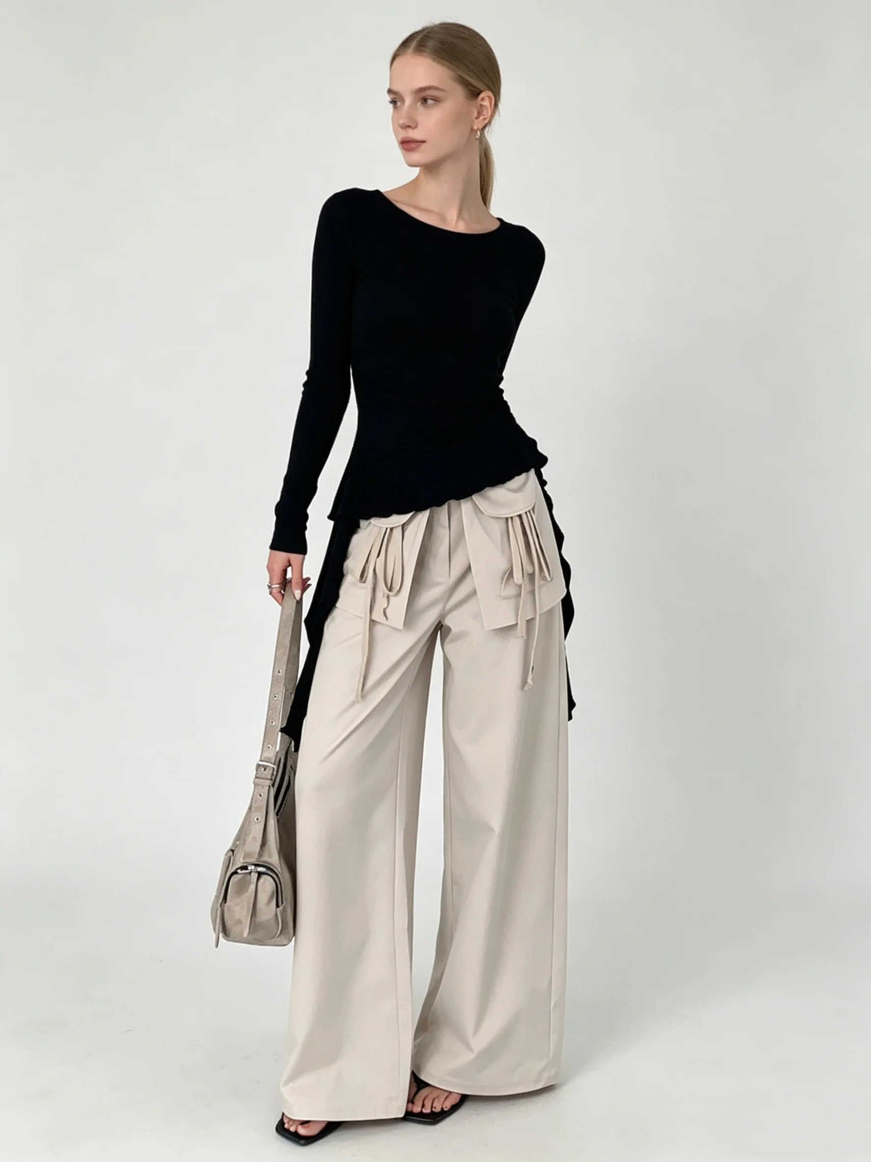 Women's Patchwork Fake Two-Piece Baggy Grey Long Pants Y2k Vintage Loose Wide Leg Long Trousers Curved Hem Pocket Pants Clothes
