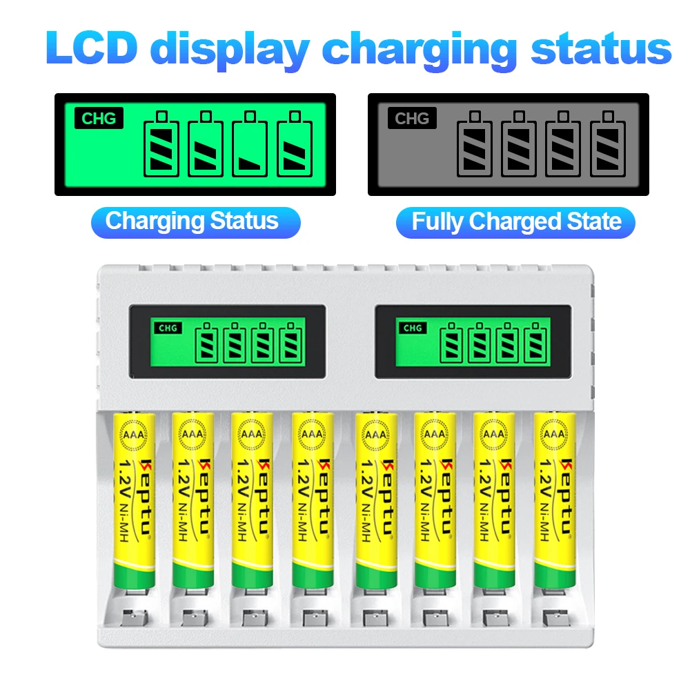 KEPTU 1.2V AAA rechargeable battery Ni-MH 900mAh and 8-Slot LCD Fast AA/AAA battery charger