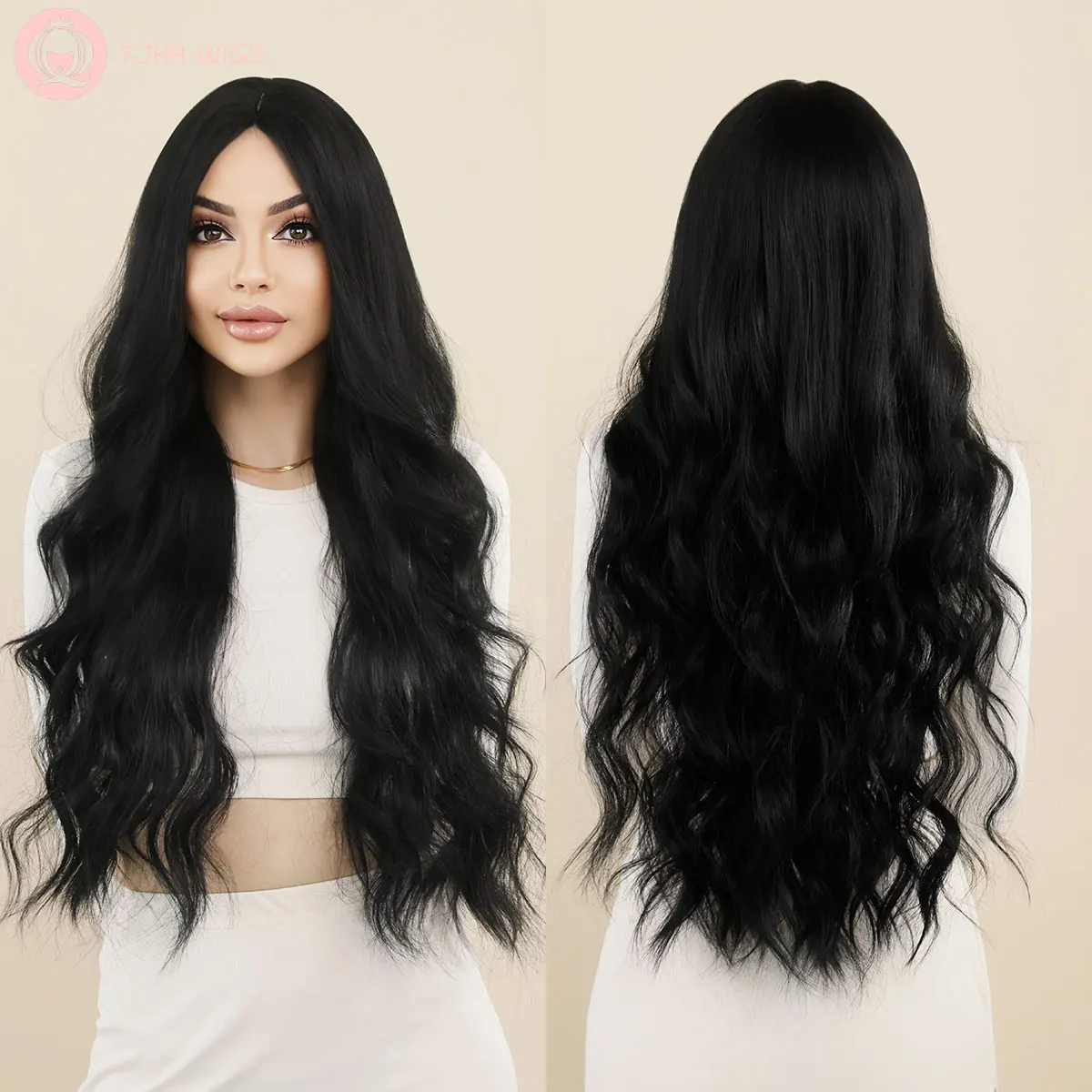 7JHH WIGS Middle Part Wavy Braided Wigs for Black Women Deep Wave Frontal Wig Synthetic Black Wig Heat Resistant Fiber 29inch