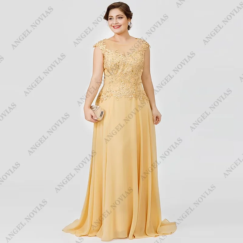 A-Line Mother of the Bride Dress Wedding Guest Elegant Plus Size Illusion Neck Sweep Chiffon Beaded Lace Formal Dresses 2024