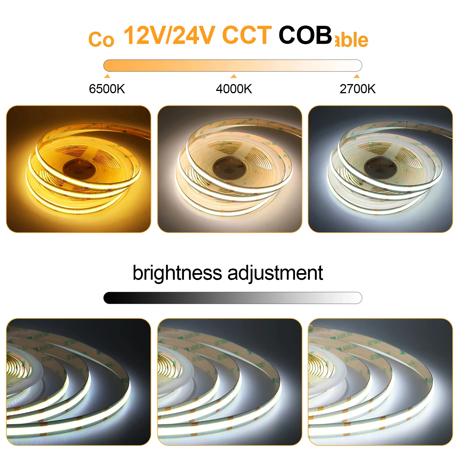 12V 24V COB CCT LED Strip Light 2700K to 6500K Changeable 608 LEDs/m High Density RA90 Dimmable Ribbon Flexible Led Linear Light