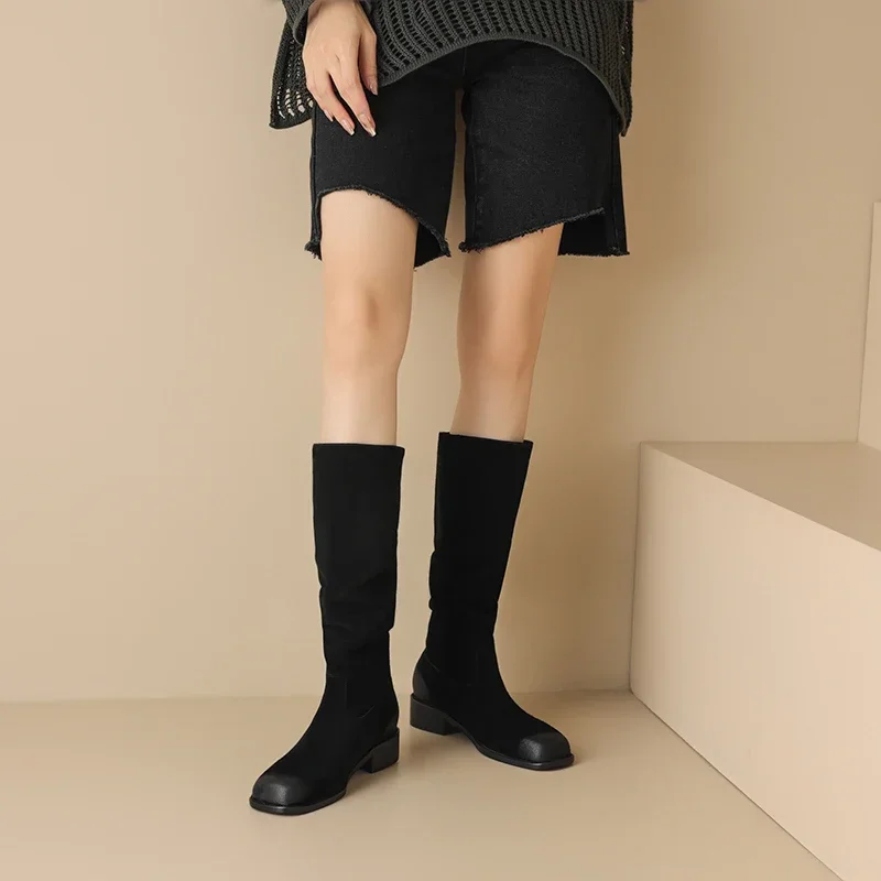 2024 New Cow Suede Retro Women Boots Autumn Winter Slip-On Mid-Calf Boots for Women Square Toe Square Heel Basic Shoes High