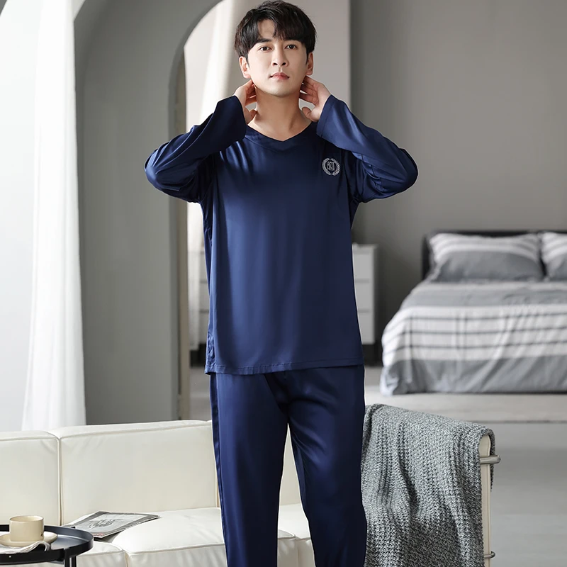 New Spring Men Satin Silk Pajamas Set Solid Long Sleeve V-Neck Casual Sleepwear Loose M-4XL Male Pijamas