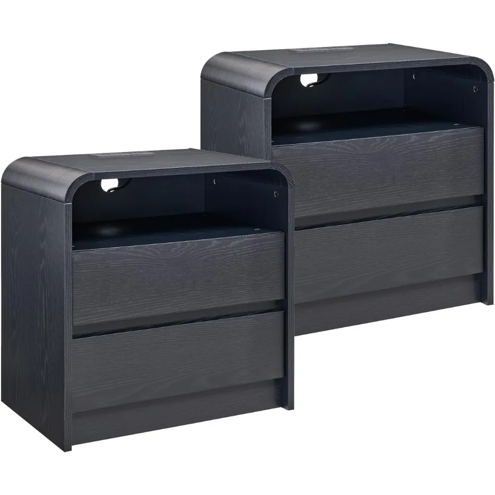 

25" tall modern nightstand set of 2, 23.6'' wide wood bedside table w/2 storage drawers, charging station, mid century end table