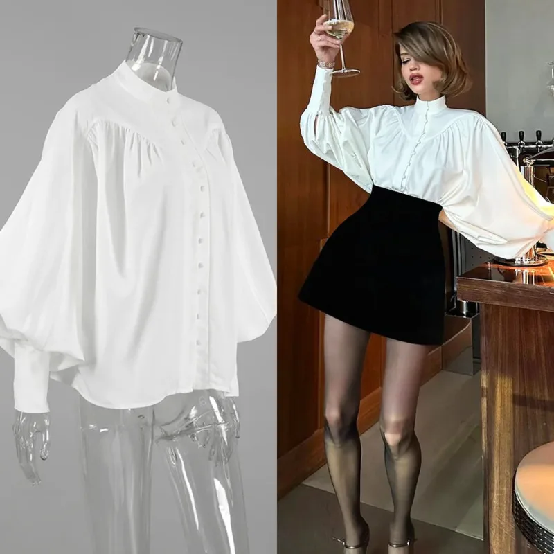 

French Elegant Autumn Court Wind White Stand Collar Lantern Sleeve Blouse Loose Versatile Long Sleeve Fashion Women‘s Shirt New