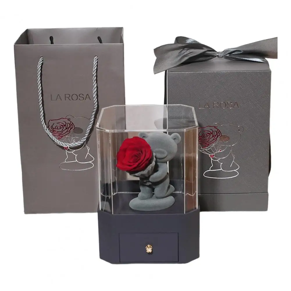 

Флокированный плюшевый мишка с вечной розой в подарочной упаковке — романтический подарок на память с консервированными цветами для жены, подруги, Дня святого Валентина