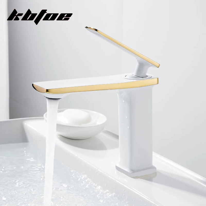 

Bathroom Faucets White Gold Brass Basin Sink Faucet Deck Mounted Single Handle Spray Cold and Hot Water Sink Taps Crane Black