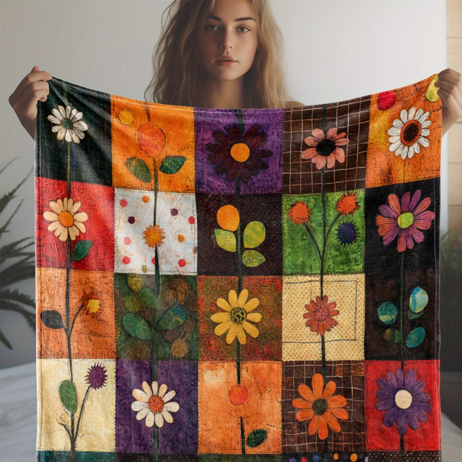 Retro Patchwork Flower Print Blanket, Colorful Grid Daisy Art Soft Flannel Blanket for Home Bed Travel Holiday Special Nice Gift