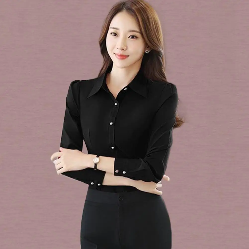 Women Shirt Top Lapel Collar Enhance Beauty Image Women Blouse Solid Color Long Sleeve Formal Shirt Women Top for Office